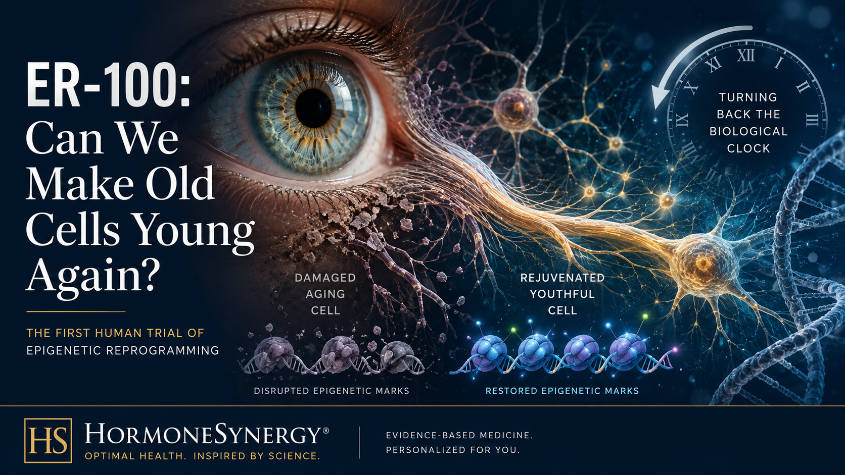 ER-100 epigenetic reprogramming illustration showing the human eye, optic nerve and cellular rejuvenation as researchers test whether damaged retinal cells can regain youthful function.