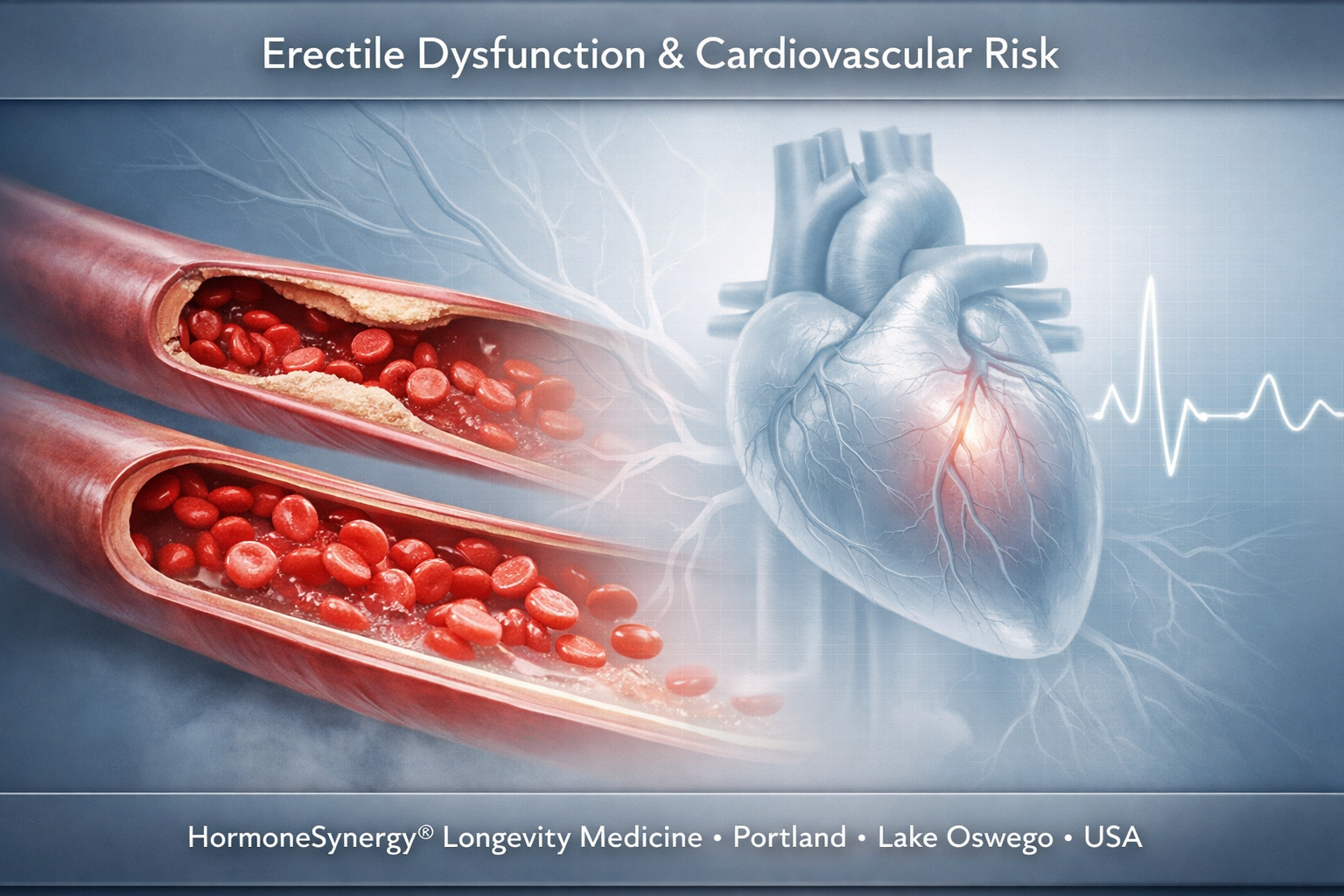 Erectile dysfunction and cardiovascular risk illustration showing arterial blood flow and vascular health in longevity medicine
