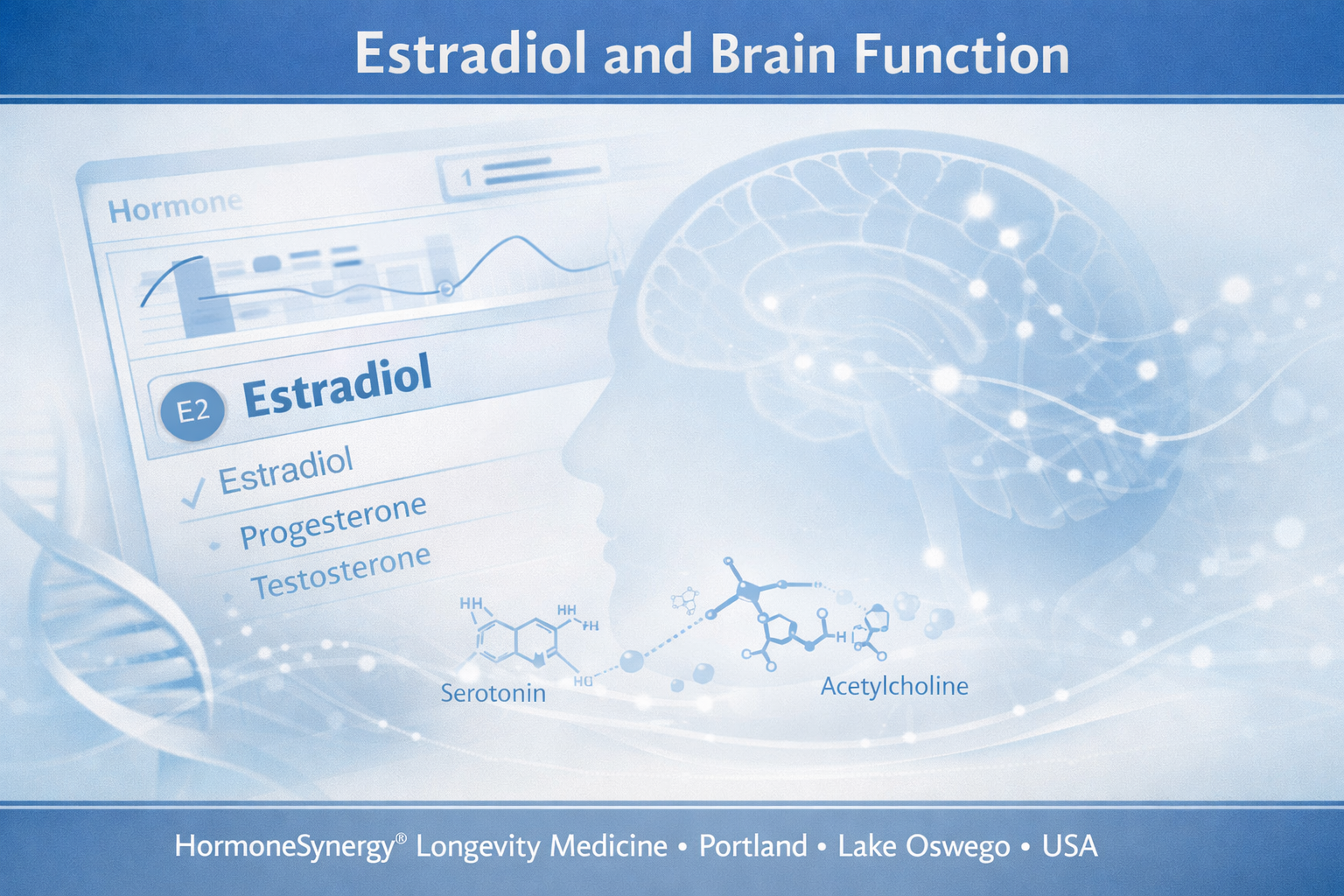 Estradiol hormone signaling visualized with subtle brain and neurotransmitter context in a clean clinical editorial style for HormoneSynergy® Longevity Medicine