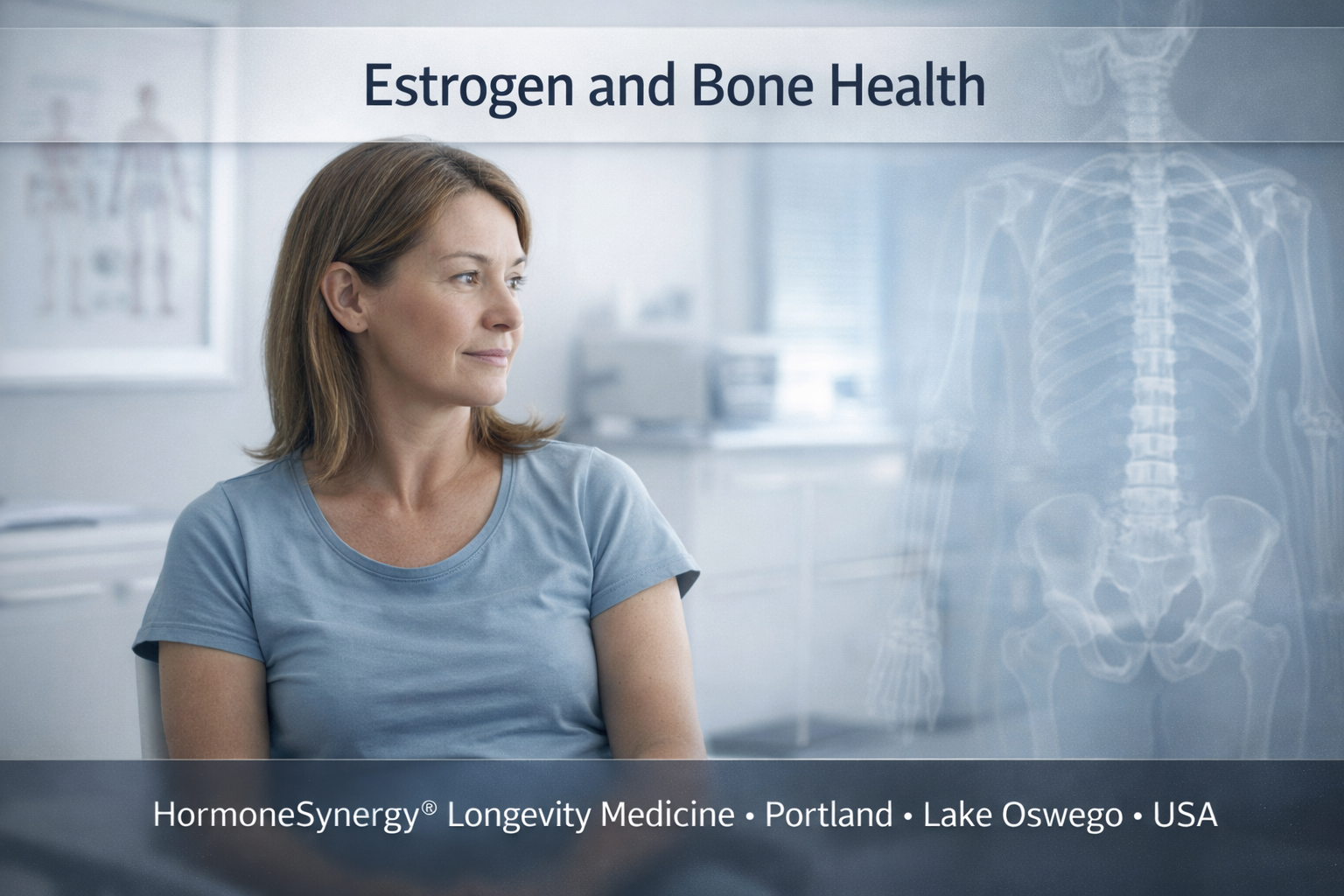 Estrogen and bone health concept showing hormonal influence on bone density in a clinical longevity medicine context