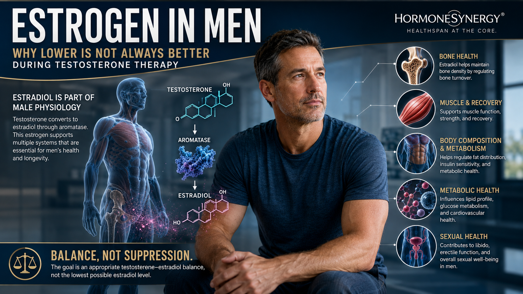 Estrogen and estradiol physiology in men during testosterone therapy showing aromatization, bone, muscle, body composition and metabolic health.