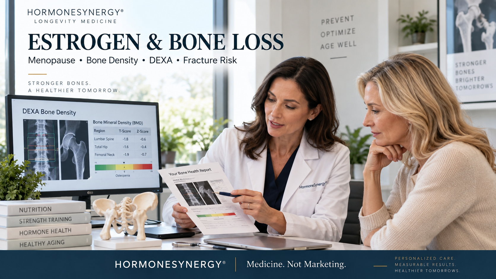Midlife woman reviewing a DEXA bone density report with a female physician for an HormoneSynergy® article on estrogen, menopause, osteoporosis and fracture risk.