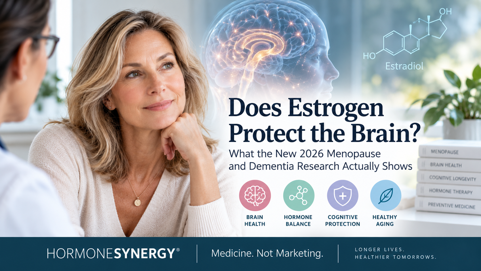 Estrogen, menopause and brain health illustration representing 2026 research on hormone therapy, dementia risk and Alzheimer’s disease from HormoneSynergy®.