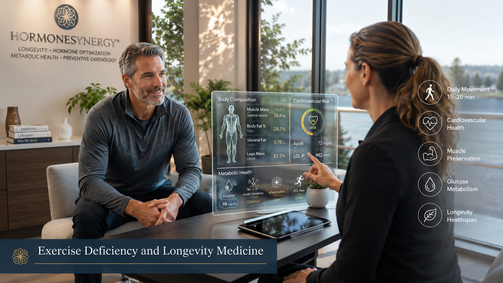 Clinician discussing simple daily movement, body composition, and cardiovascular risk as part of longevity medicine at HormoneSynergy in Portland and Lake Oswego.