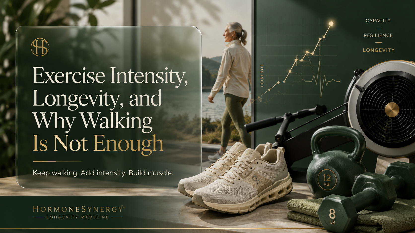 HormoneSynergy longevity medicine image showing walking, strength training, and exercise intensity for healthy aging in Portland and Lake Oswego.