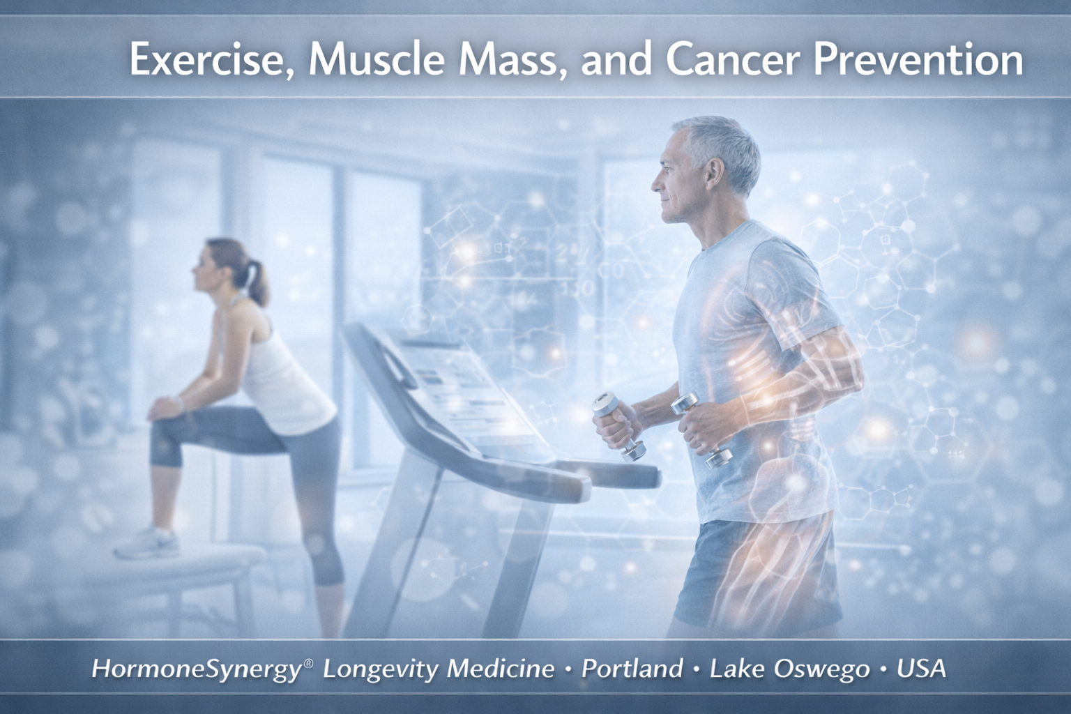Exercise, muscle mass, and cancer prevention banner showing an active clinical wellness scene with subtle body composition and muscle health overlays.