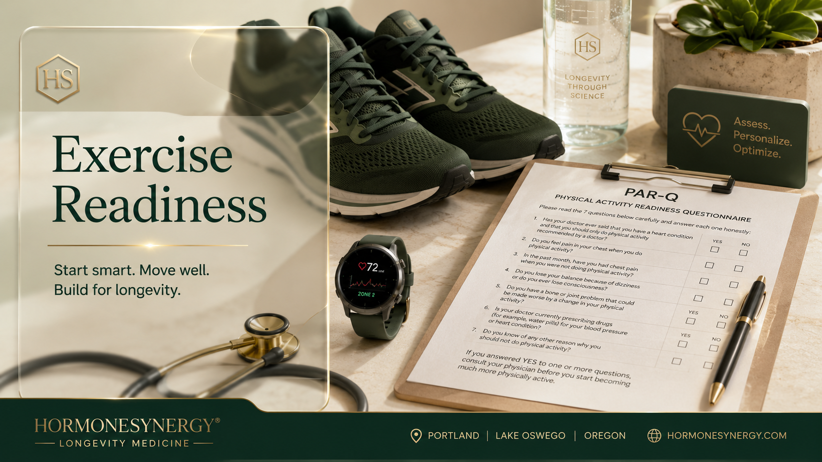 Exercise readiness and PAR-Q screening for safe longevity-focused fitness planning at HormoneSynergy in Portland and Lake Oswego, Oregon.