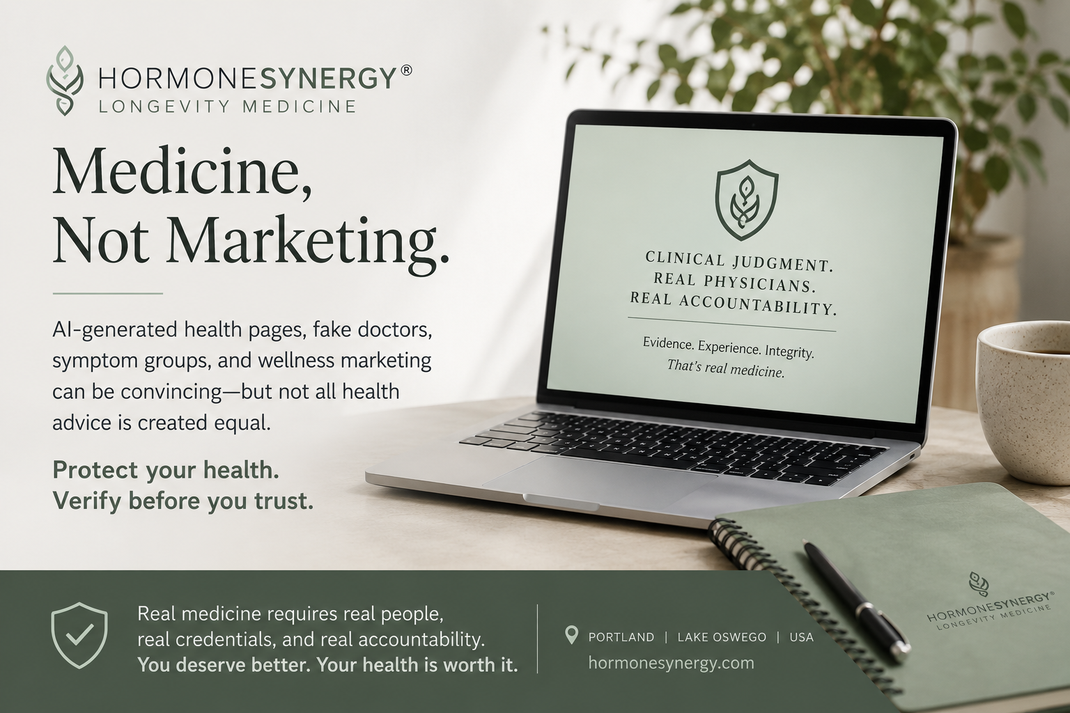 HormoneSynergy Longevity Medicine educational graphic about fake doctors, AI health groups, and wellness marketing, emphasizing real credentials, clinical judgment, and patient protection online.
