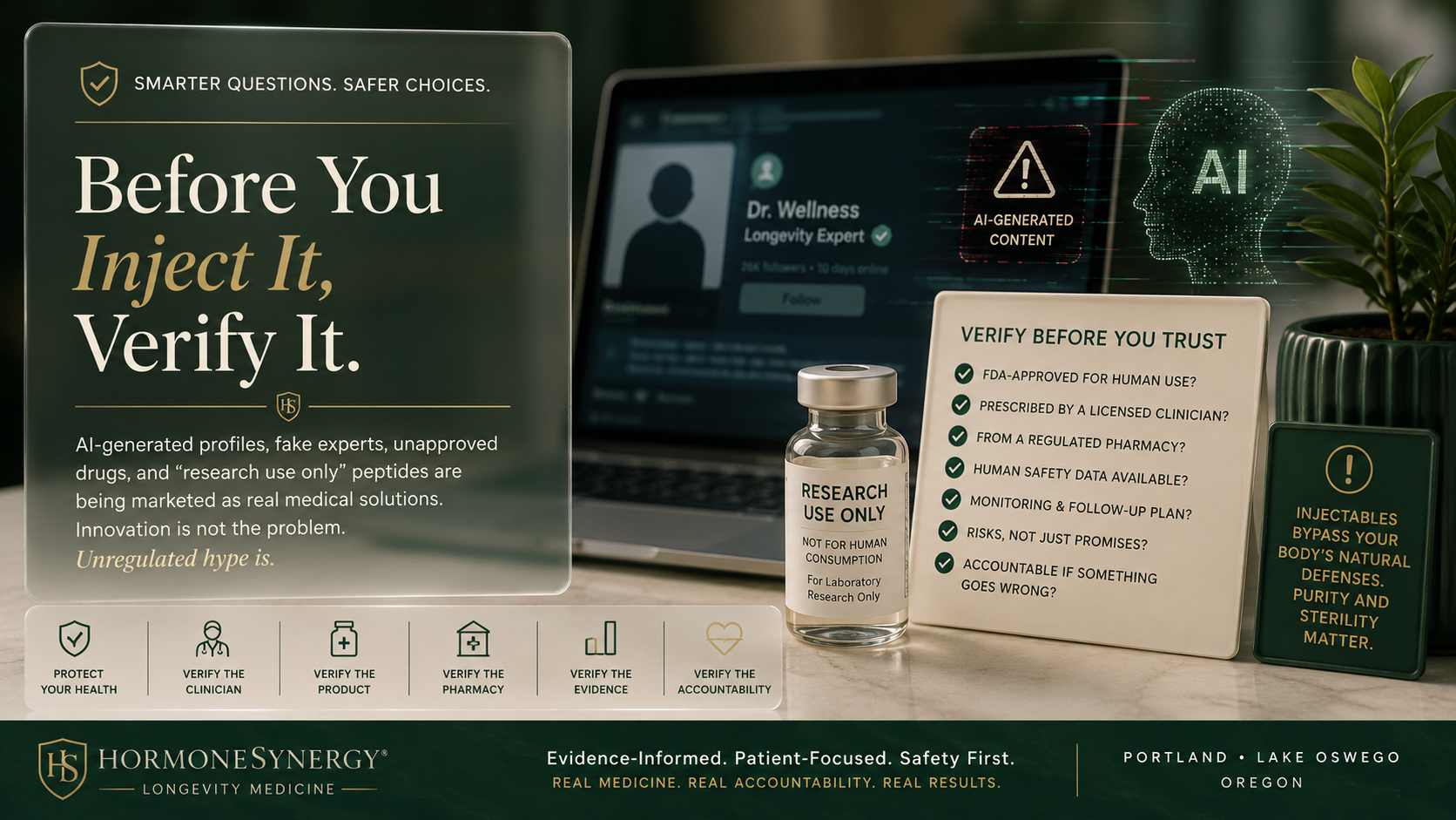 HormoneSynergy educational image about AI health misinformation, fake medical authority, gray-market peptides, retatrutide, and verifying injectable products before use.