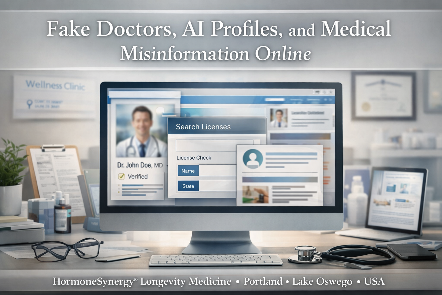 Clinical illustration of evaluating fake doctors and AI-generated medical profiles online, highlighting credibility and misinformation in digital healthcare