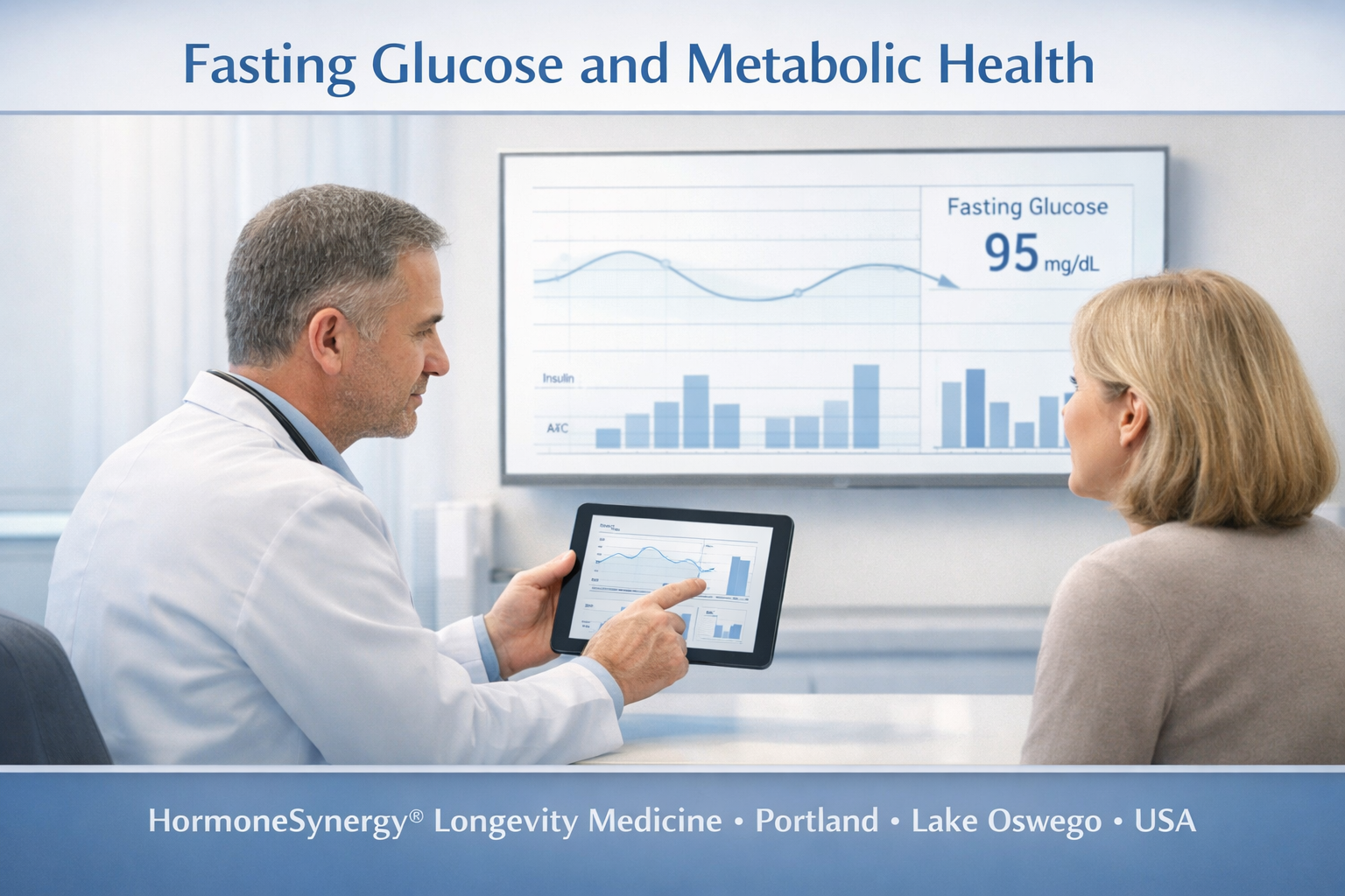 Fasting glucose metabolic health concept showing physician reviewing blood sugar data with patient in clinical setting HormoneSynergy Portland Oregon USA