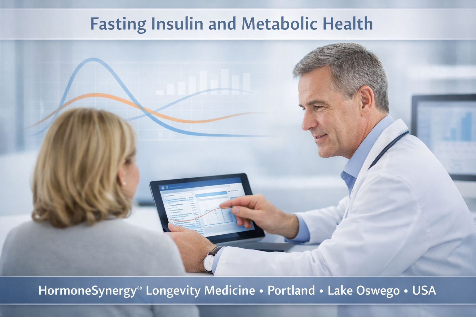 Fasting insulin and metabolic health concept showing physician reviewing lab data with patient and subtle glucose insulin relationship visualization HormoneSynergy Portland Oregon USA