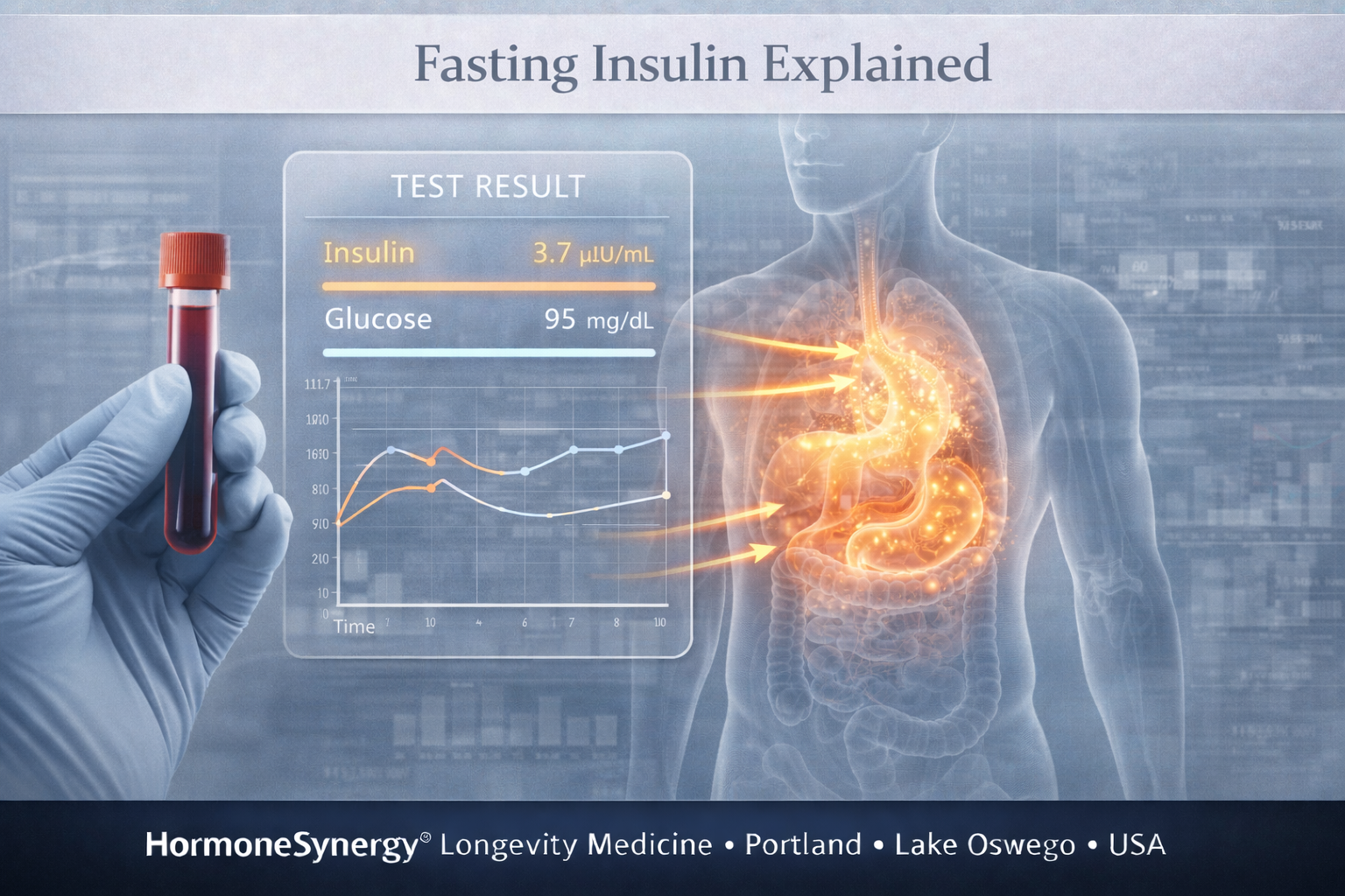 Clinical visualization of fasting insulin levels with glucose trends and metabolic signaling representing insulin resistance and metabolic health.