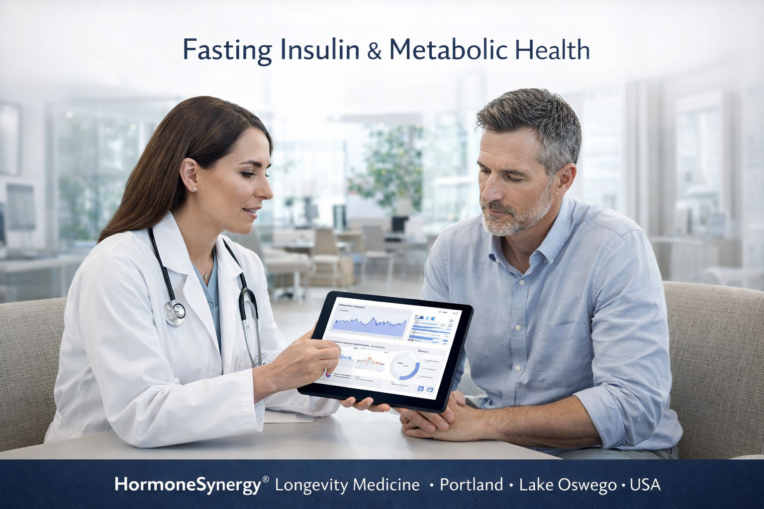 Female physician reviewing fasting insulin, glucose, and metabolic health lab results with patient in preventive longevity medicine clinic HormoneSynergy® Portland Lake Oswego USA