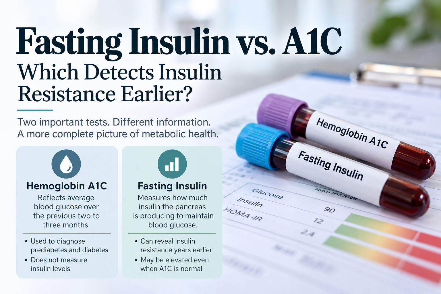 Fasting insulin vs. A1C infographic comparing what each test measures and how fasting insulin may reveal insulin resistance before A1C becomes abnormal.