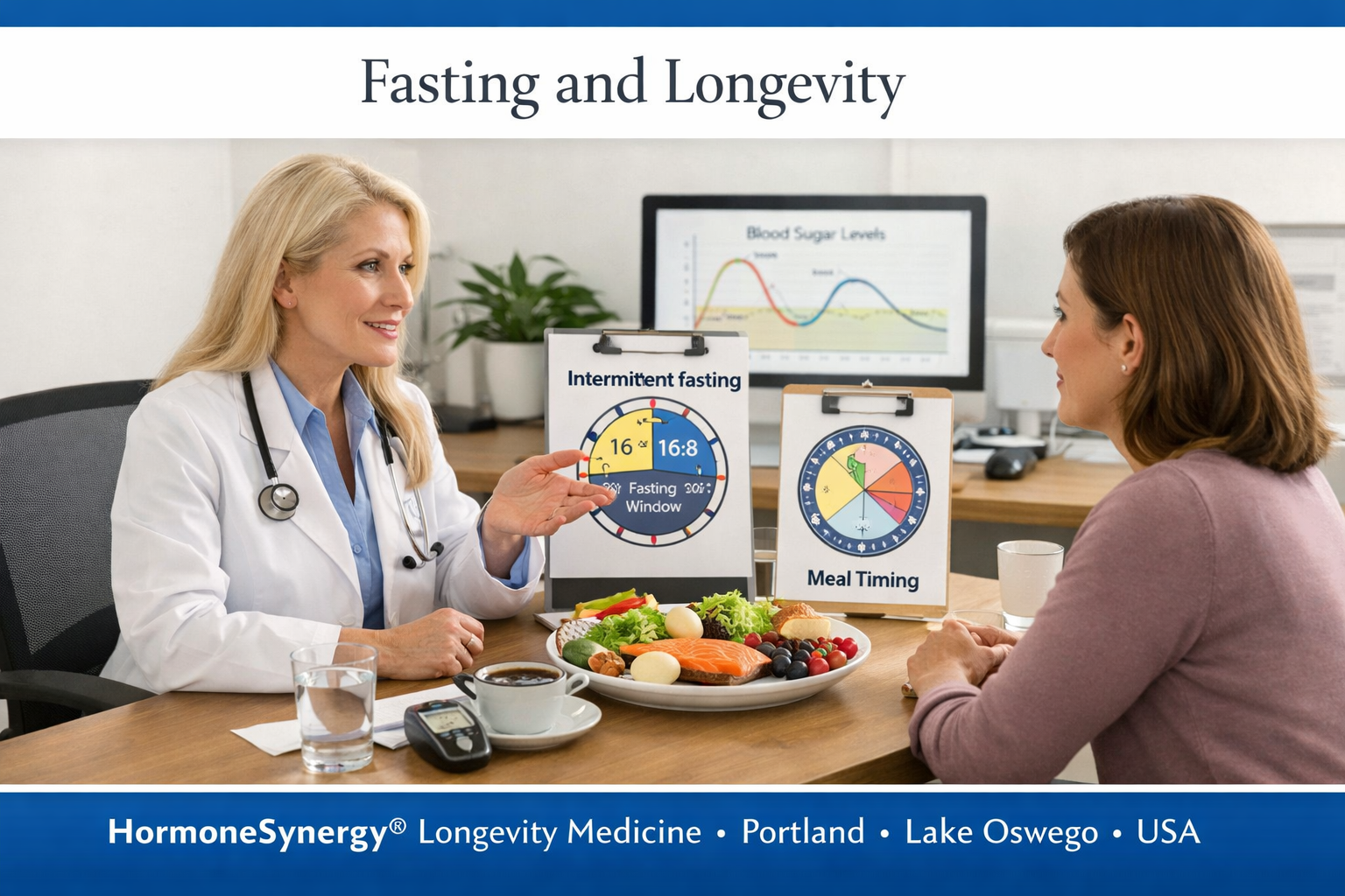 Physician discussing intermittent fasting, metabolic health, and healthy aging with patient in a preventive longevity medicine clinic setting at HormoneSynergy® Longevity Medicine Portland Lake Oswego USA
