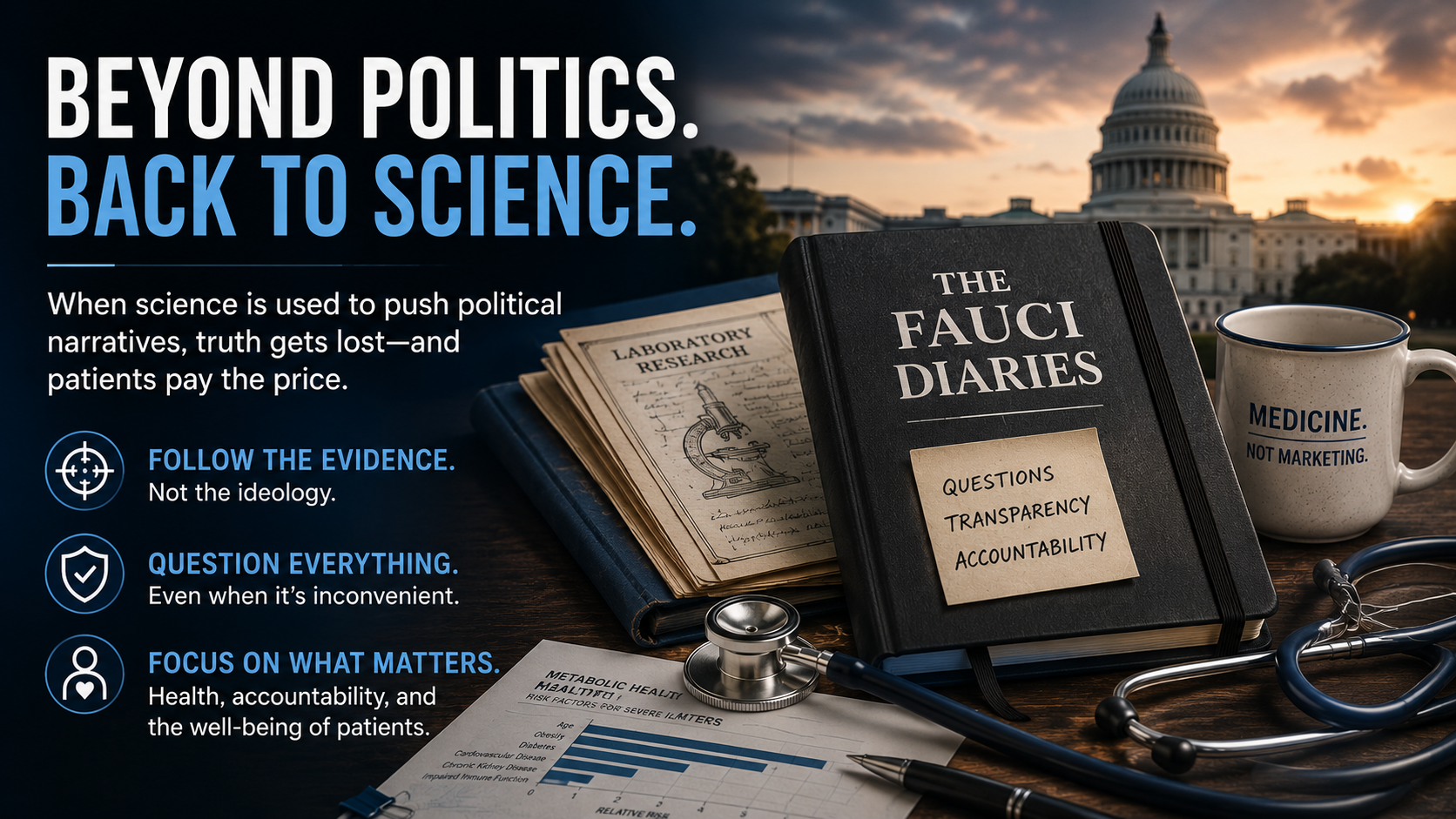 Editorial image featuring the Fauci diaries, laboratory notes, a stethoscope, the U.S. Capitol and the message “Beyond Politics. Back to Science,” emphasizing evidence, transparency, accountability and patient-centered metabolic health.