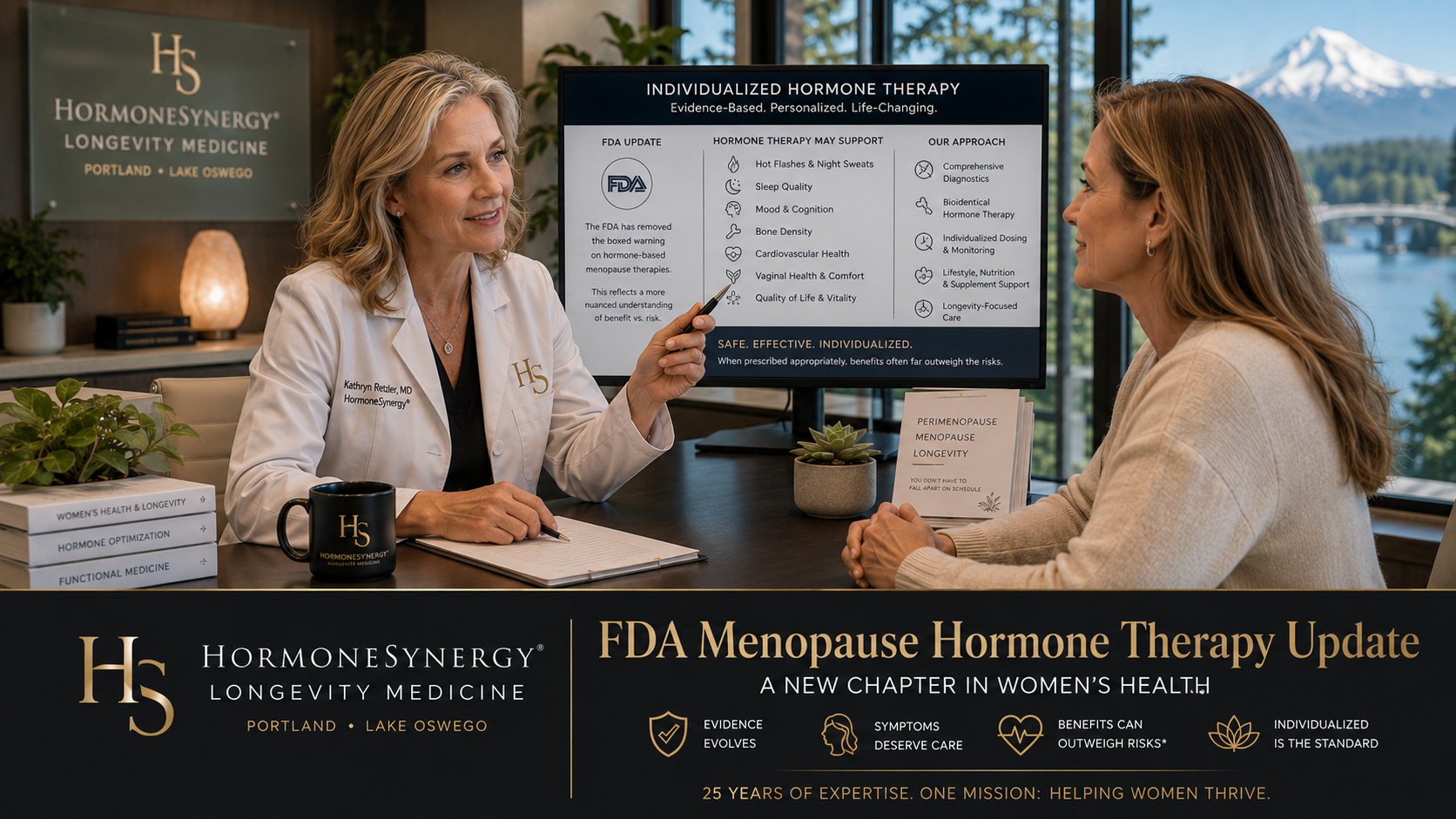 Physician reviewing menopause hormone therapy, FDA labeling changes, and individualized HRT care with a patient in a modern Portland and Lake Oswego longevity medicine clinic.