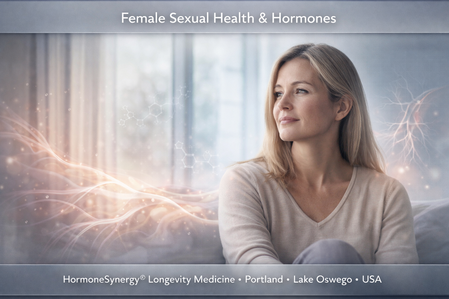 Female sexual health and hormones illustration showing hormonal balance, vascular function, and brain signaling in longevity medicine