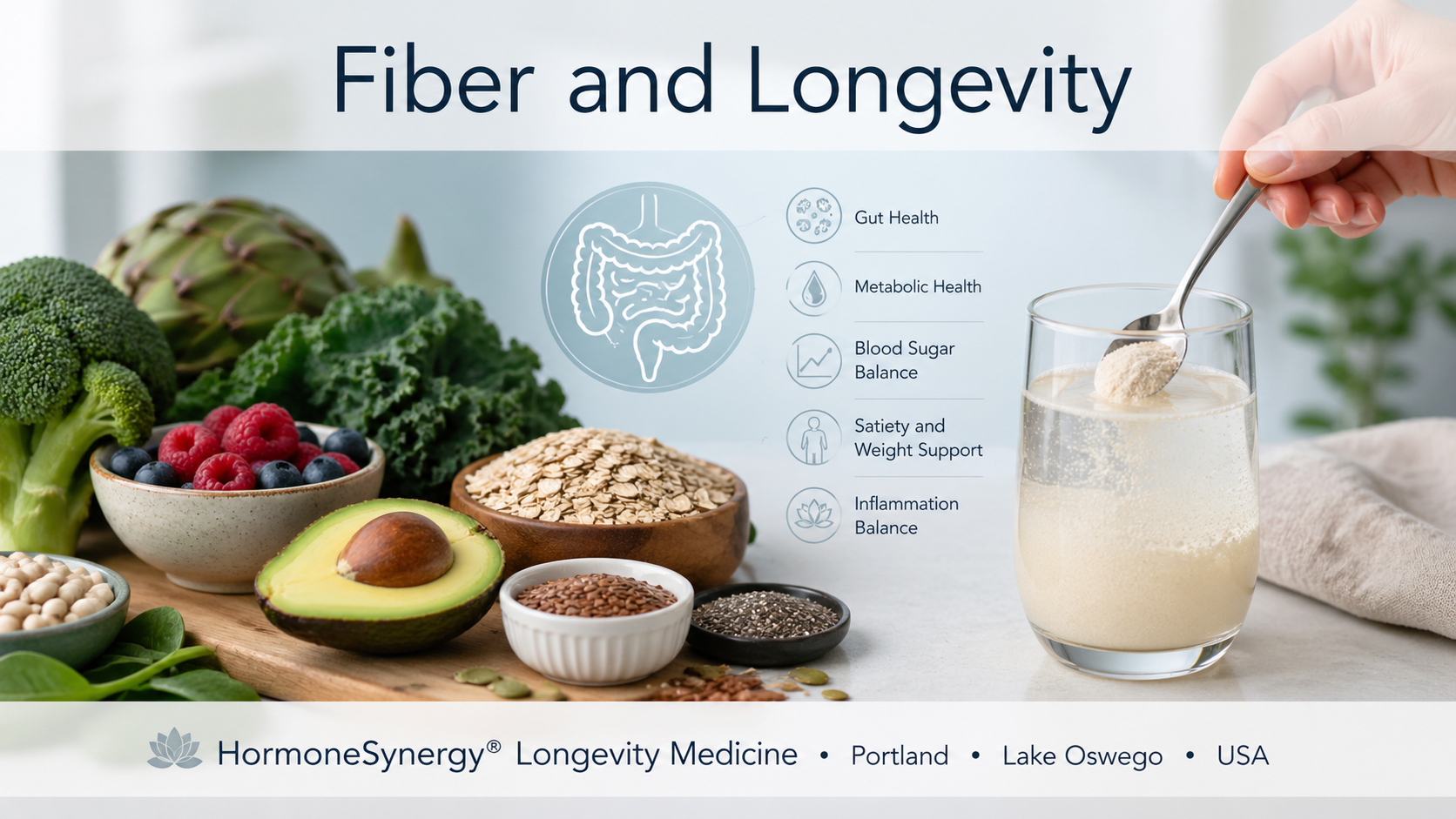 Fiber intake and gut health concept showing soluble fiber and whole foods supporting microbiome and longevity