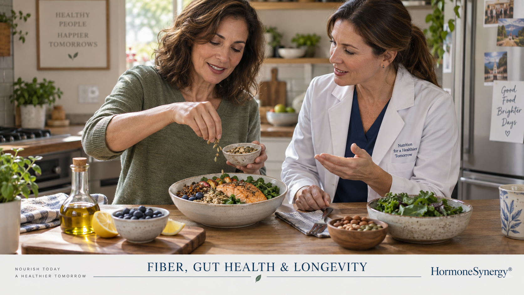 Woman and female physician reviewing a fiber-rich, protein-forward meal for a HormoneSynergy® article about gut and metabolic health.