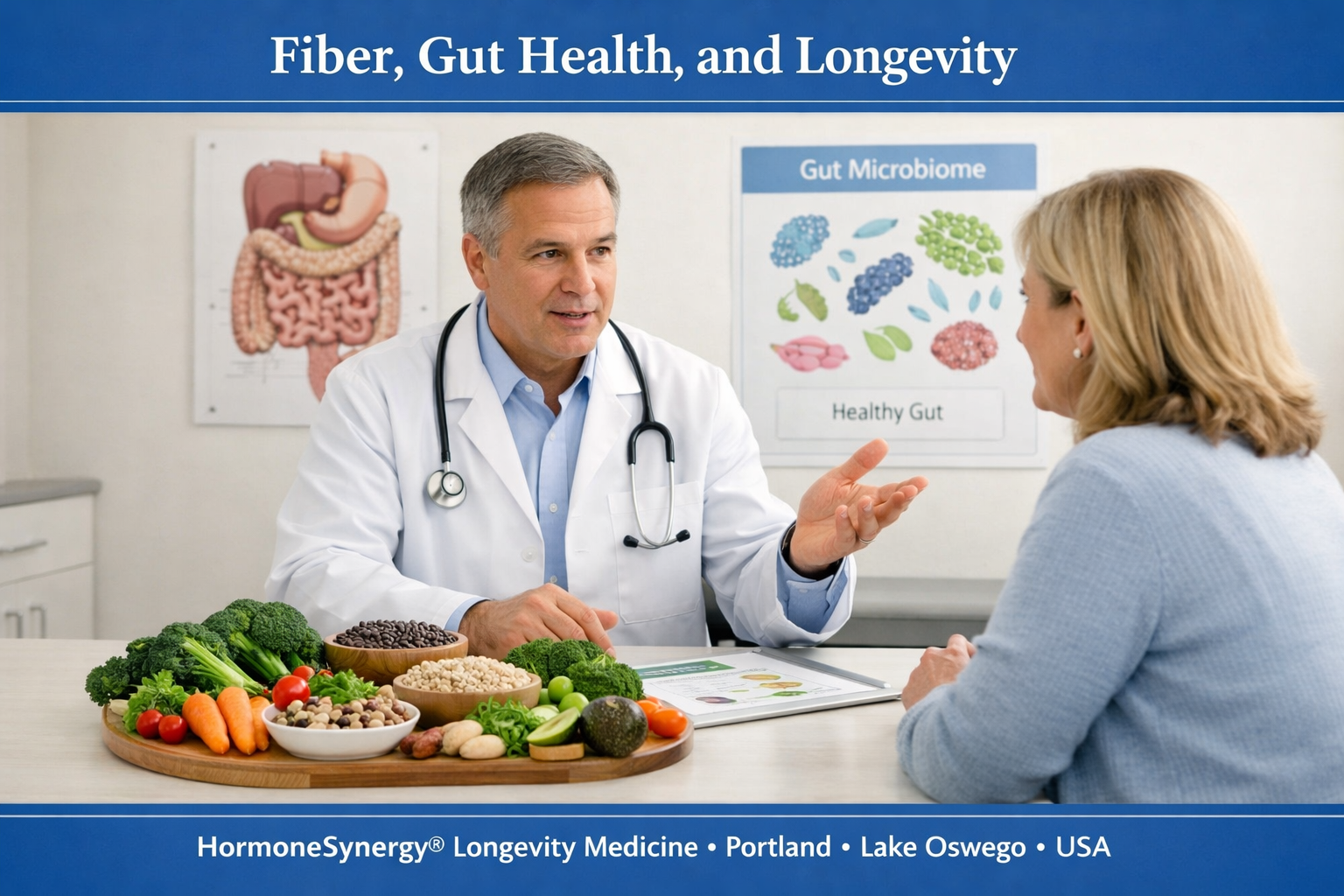 Physician discussing fiber intake, gut health, and microbiome function with patient in a preventive longevity medicine clinic setting at HormoneSynergy® Longevity Medicine Portland Lake Oswego USA