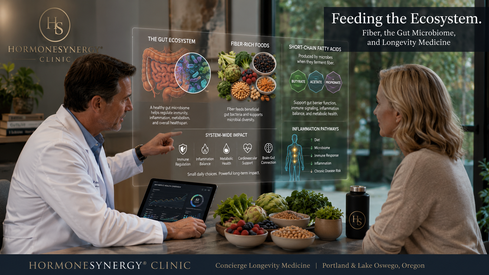 Physician reviewing gut microbiome, fiber, and longevity medicine concepts with a patient at HormoneSynergy Clinic in Portland and Lake Oswego, Oregon.