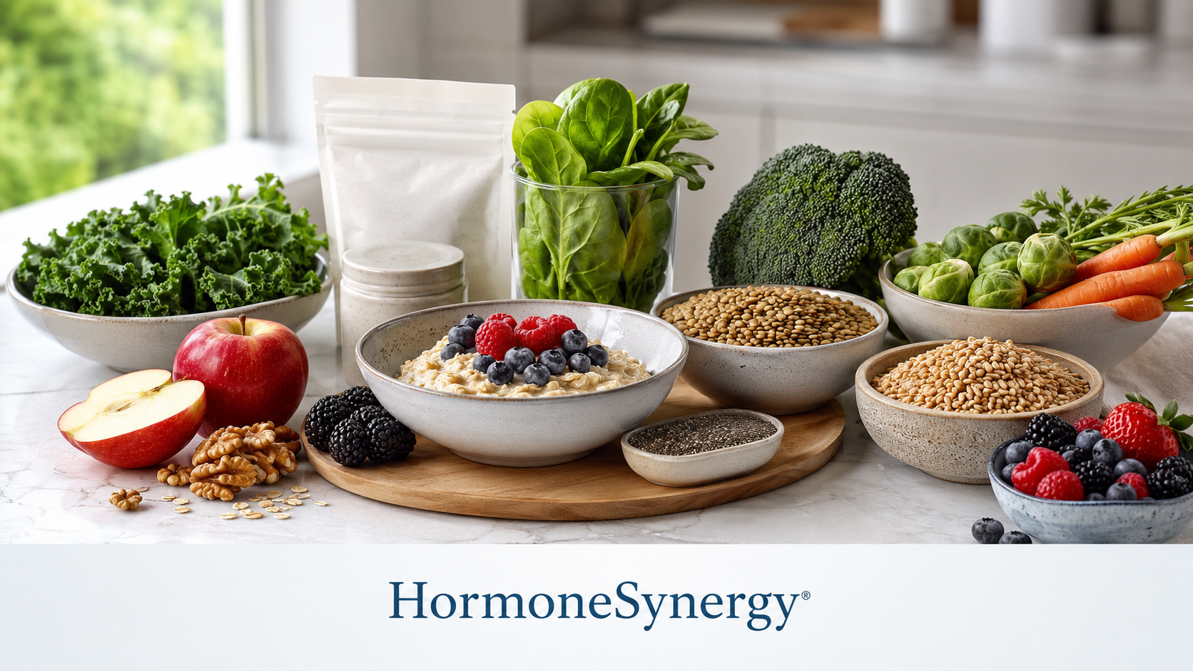 Fiber-rich whole foods with a secondary fiber supplement beside cardiometabolic health notes for HormoneSynergy preventive longevity medicine.
