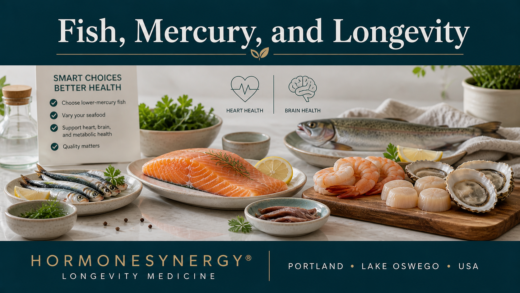 Clinical editorial image of lower-mercury seafood choices illustrating how to choose fish wisely for longevity, cardiovascular health, and brain health.