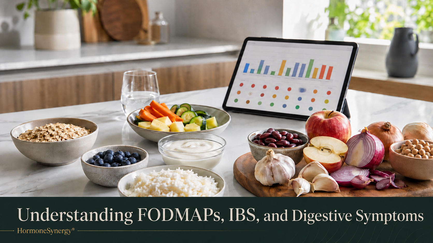 Foods commonly discussed in a low-FODMAP diet shown beside a simple symptom-tracking tablet, representing IBS, bloating, gut symptoms, and personalized nutrition.