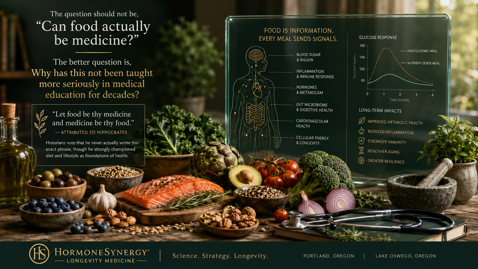 Nutrient-dense whole foods with clinical longevity design elements representing food as biology for HormoneSynergy Longevity Medicine in Portland and Lake Oswego.