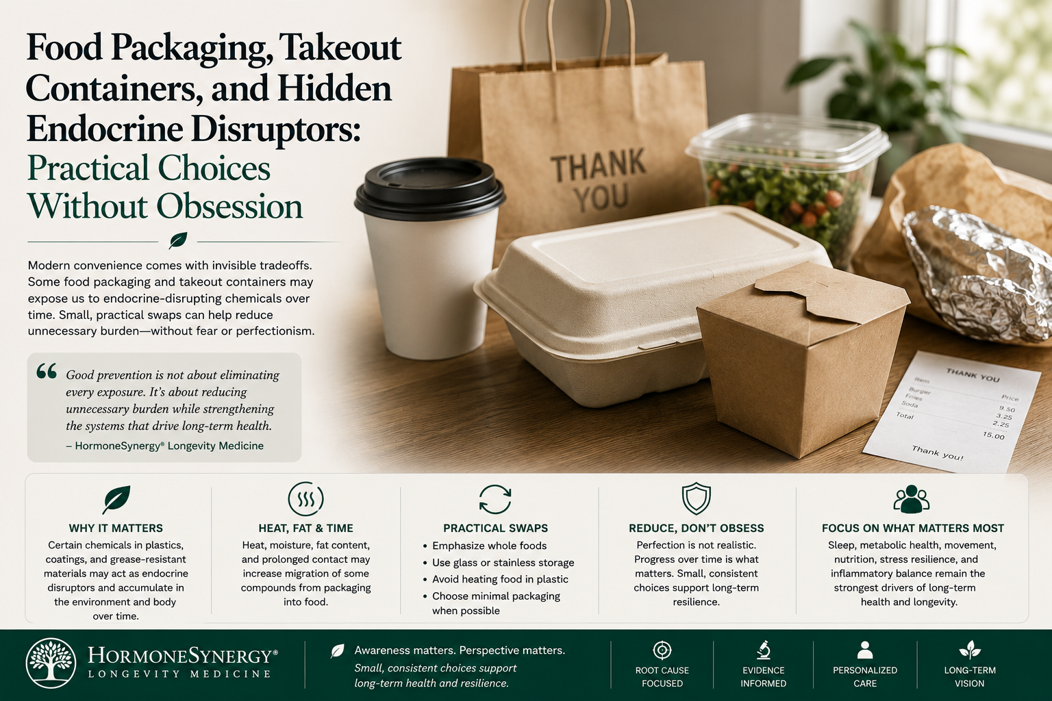 Food packaging, takeout containers, endocrine disruptors, and practical environmental health strategies in longevity medicine.