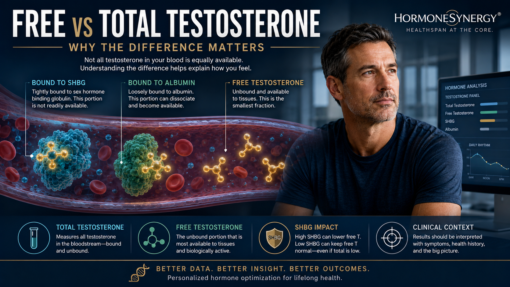 Free vs total testosterone medical illustration showing testosterone bound to SHBG and albumin compared with free circulating testosterone.