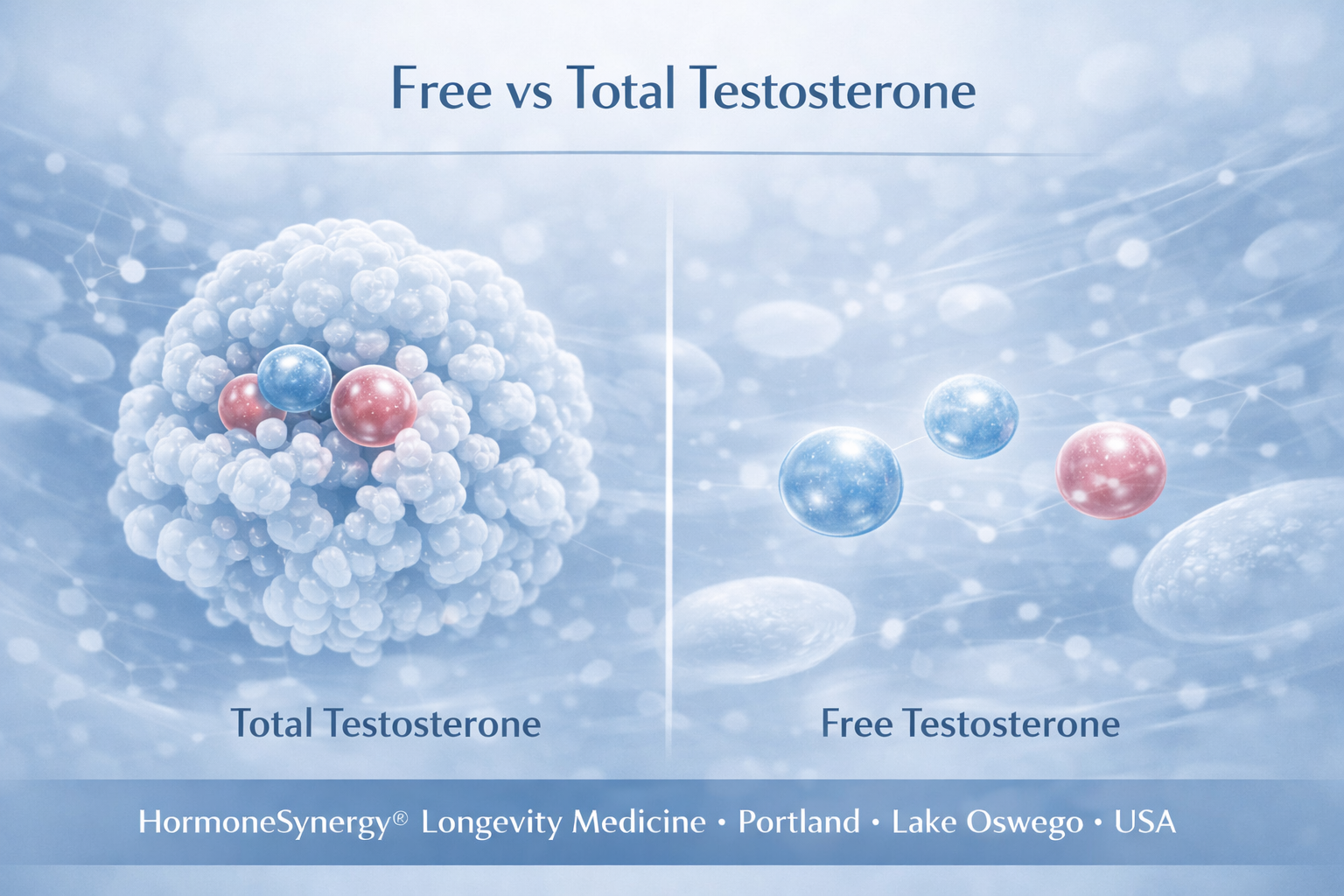 Clinical editorial illustration showing the difference between free testosterone and total testosterone with SHBG-related hormone binding concepts in longevity medicine.
