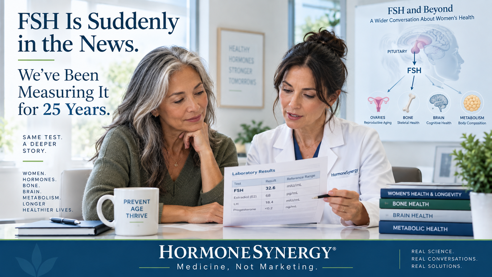 Woman reviewing FSH laboratory results with a physician as part of a HormoneSynergy discussion of menopause, bone health and emerging brain research.