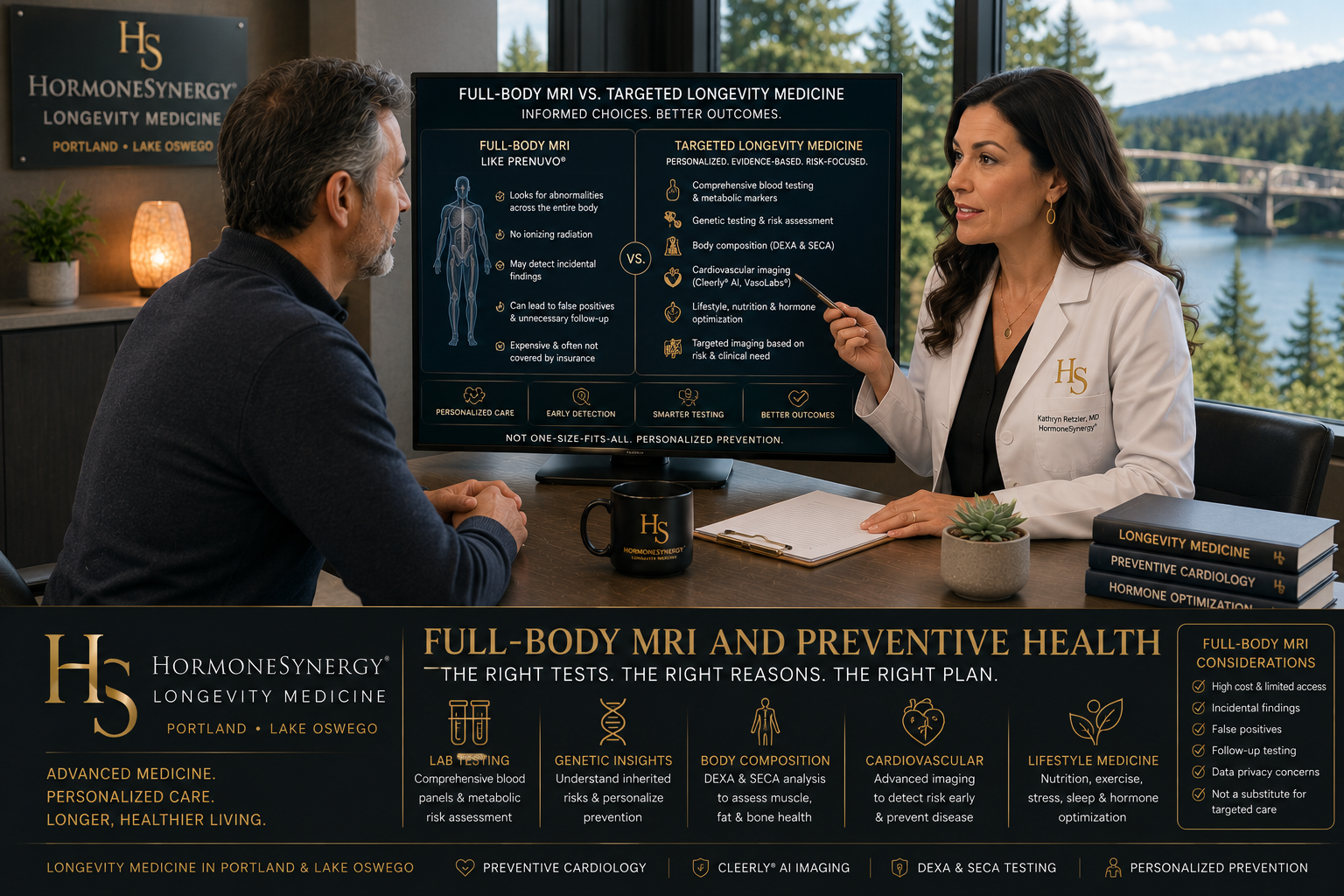 Physician reviewing full-body MRI, targeted longevity testing, preventive imaging, labs, DEXA, and cardiovascular risk assessment with a patient in a modern Portland and Lake Oswego longevity medicine clinic.