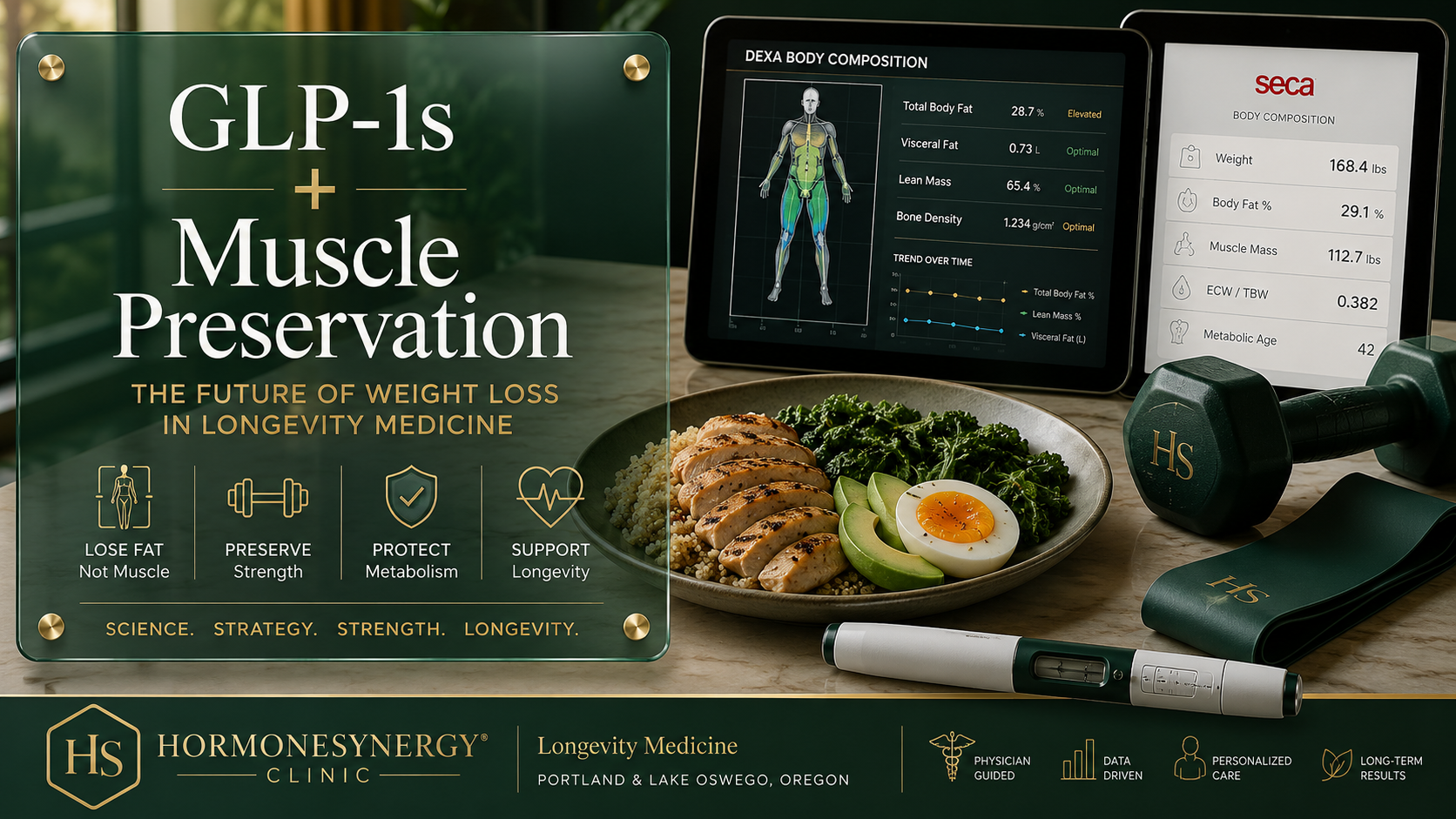 GLP-1 weight loss and muscle preservation in longevity medicine with DEXA body composition, SECA tracking, strength training, and protein strategy at HormoneSynergy Clinic in Portland and Lake Oswego.