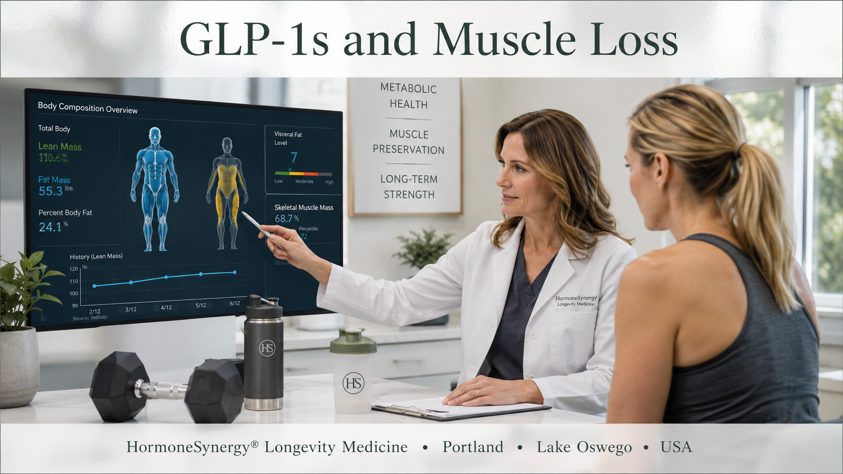 Clinical longevity medicine body composition scene showing muscle preservation, metabolic health, and weight loss monitoring in a calm medical setting.