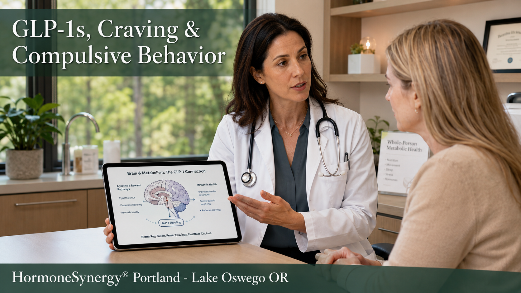 Physician reviewing GLP-1, craving, reward pathways and compulsive behavior with a patient in a modern HormoneSynergy longevity medicine setting.