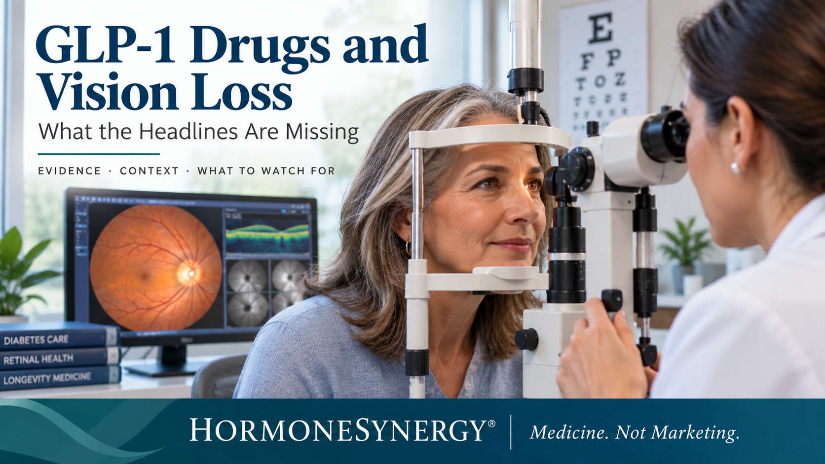 Patient receiving an eye examination as part of a physician-led review of semaglutide, GLP-1 medications, NAION and vision risk.