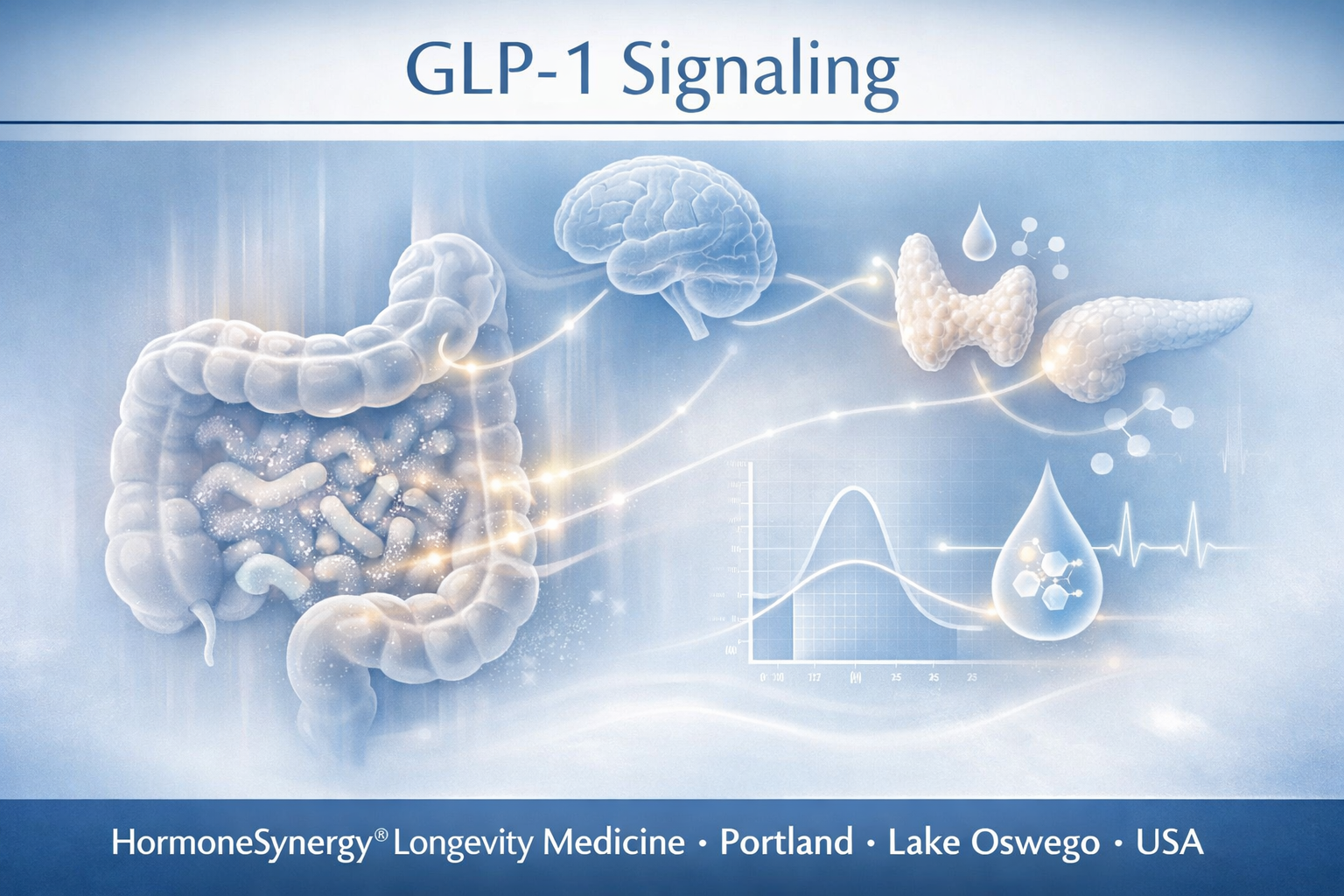 GLP-1 signaling and microbiome-hormone communication illustrated in a clean clinical editorial style for HormoneSynergy® Longevity Medicine