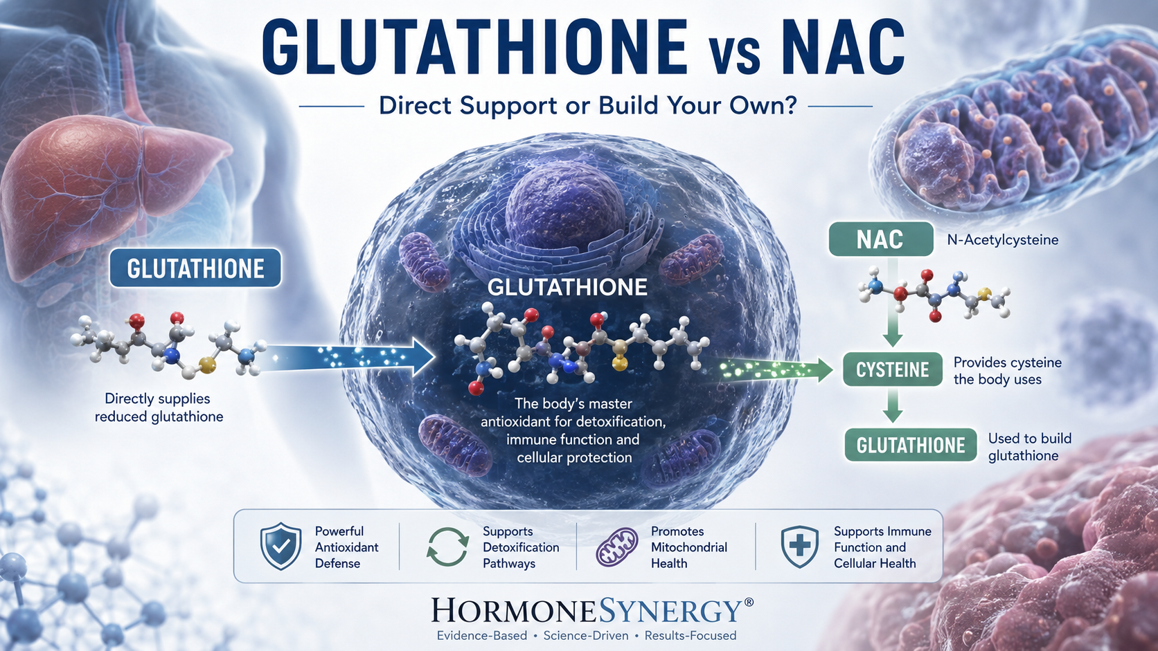 Glutathione vs NAC showing direct glutathione supplementation compared with NAC providing cysteine for the body's own glutathione production.