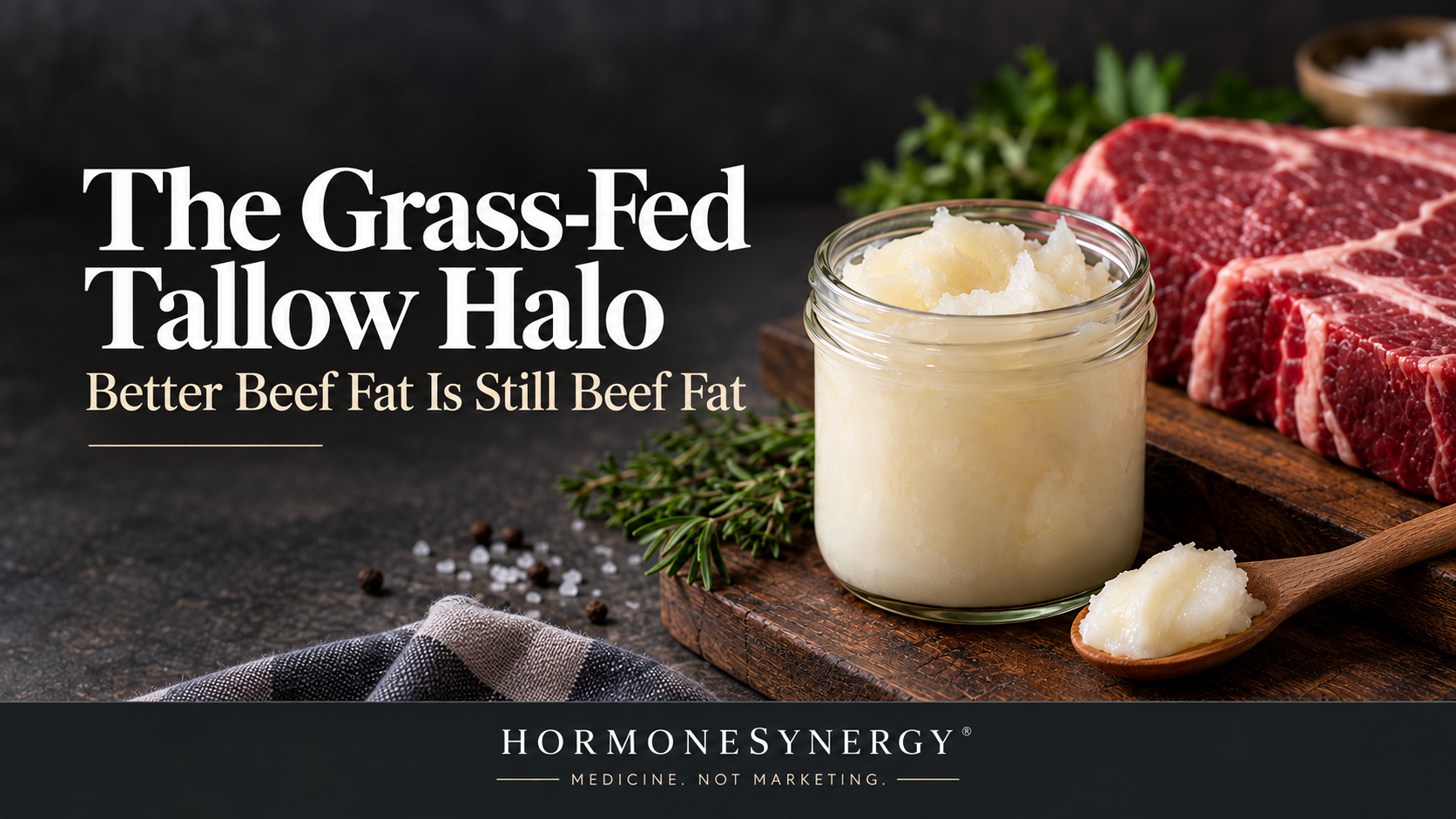 Grass-fed beef tallow compared with olive oil, walnuts, avocado and salmon in a HormoneSynergy longevity nutrition editorial about saturated fat, LDL and cardiovascular health.