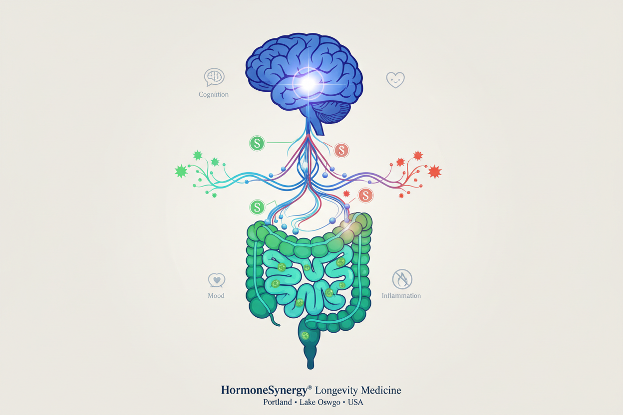 Gut–brain axis illustrating how the gut microbiome influences brain function mood cognition and inflammation HormoneSynergy® Longevity Medicine Portland • Lake Oswego • USA