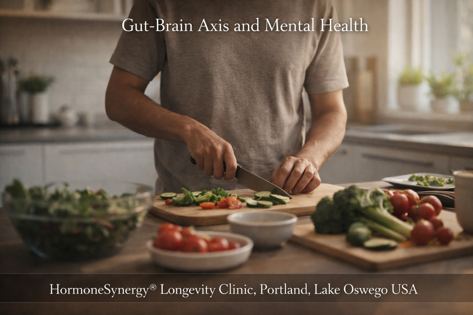Whole food preparation representing the gut-brain axis and its role in mental health and longevity in a modern kitchen setting – HormoneSynergy® Portland Lake Oswego USA