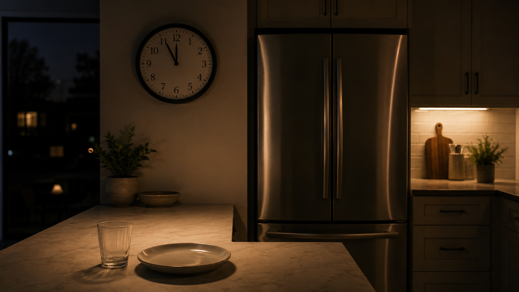 A quiet kitchen at night with a clock and closed refrigerator, representing late-night eating and gut circadian rhythm.