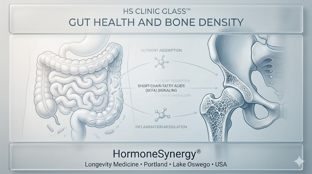 Clinical visualization showing the connection between gut health, the microbiome, nutrient absorption, inflammation, and bone density in longevity medicine.