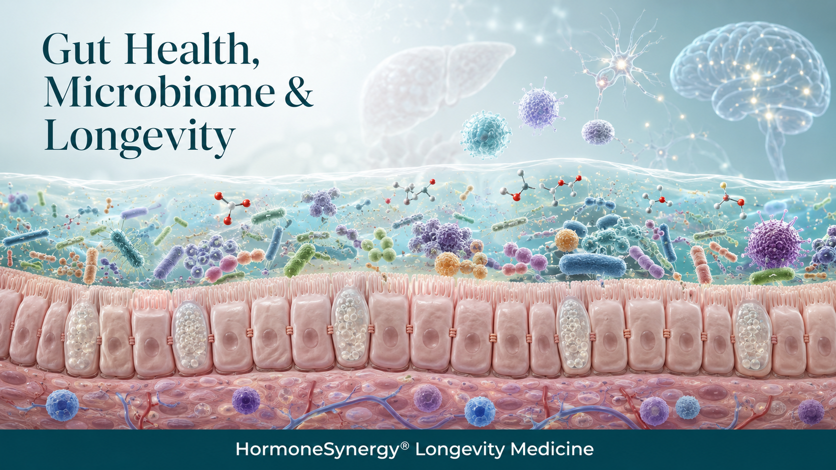 Healthy gut microbiome and intact intestinal barrier connected with metabolic, immune, liver, and brain health in longevity medicine.