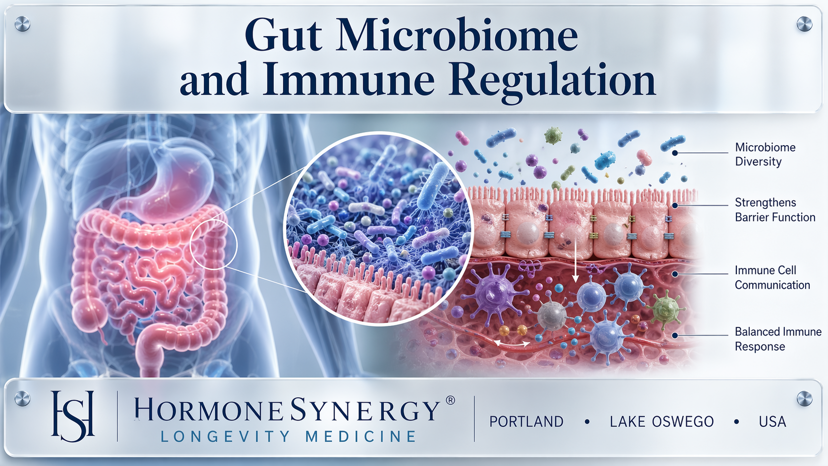 Gut microbiome and immune regulation clinical illustration for HormoneSynergy® Longevity Medicine Portland Lake Oswego USA