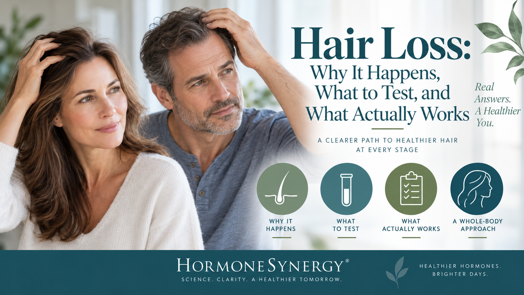 Middle-aged woman touching her hair beside a HormoneSynergy® editorial graphic about hair loss causes, testing, and evidence-based treatment.